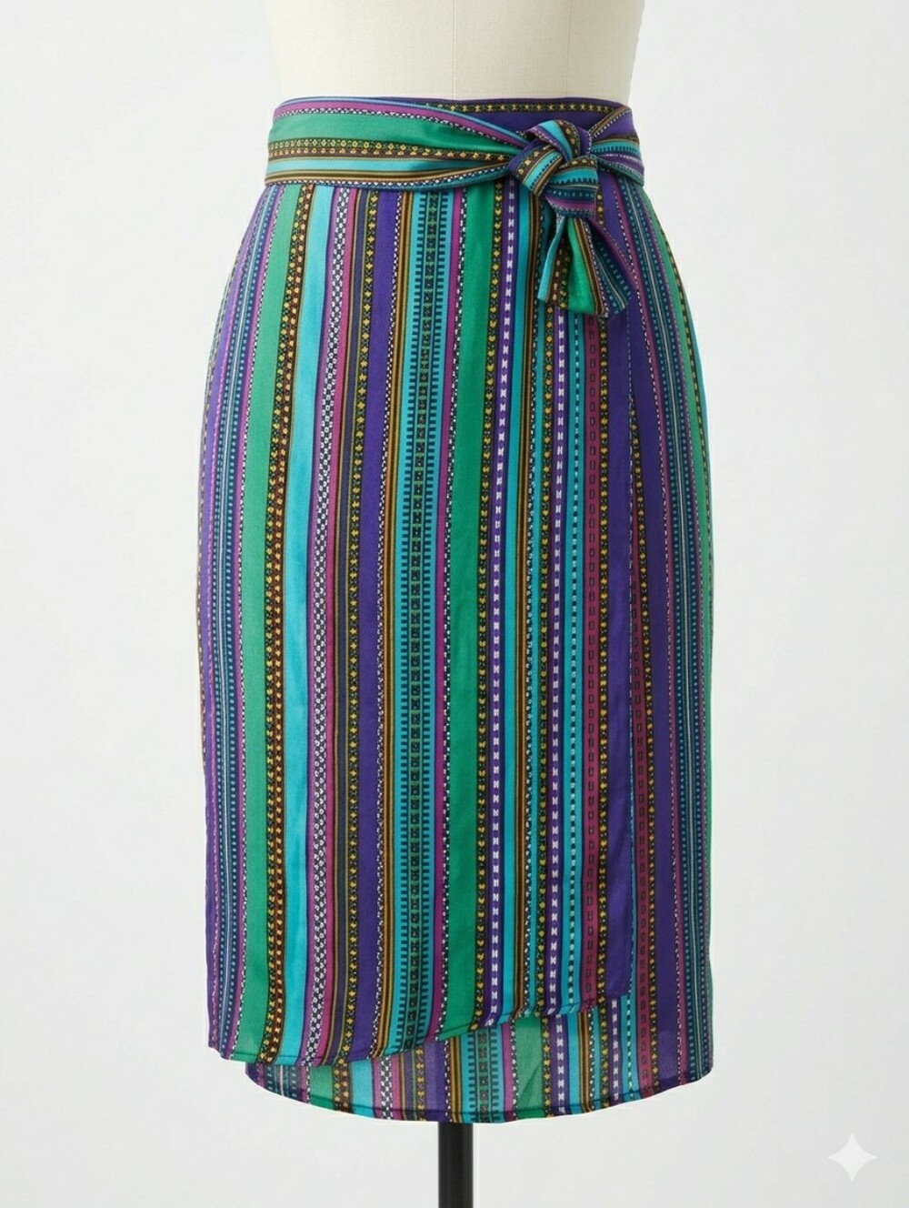 Vintage Multicolor Striped Faux Wrap Skirt Geometric Tribal Cotton Large